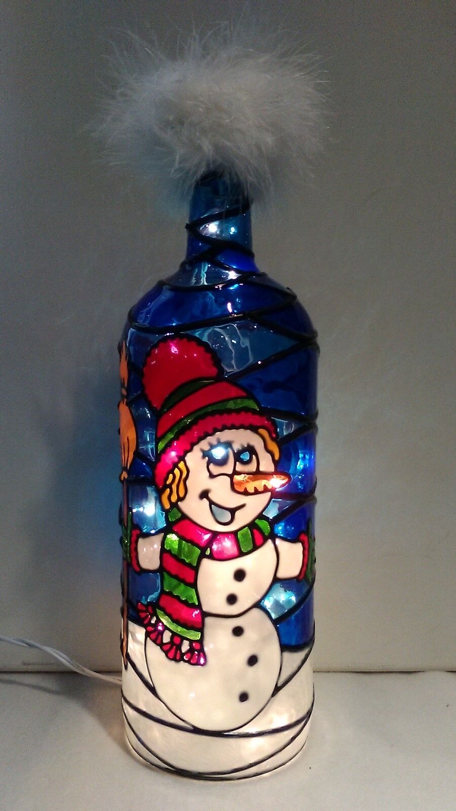 Snowman Bottle Lamp Stained Glass Look Handpainted Lighted