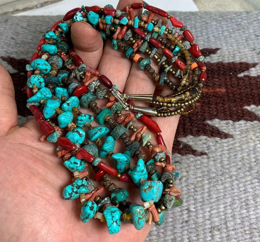 24" Ethnic  Multi-strands/turquoise/coral Nuggets Necklace/(b200d-w4.5)