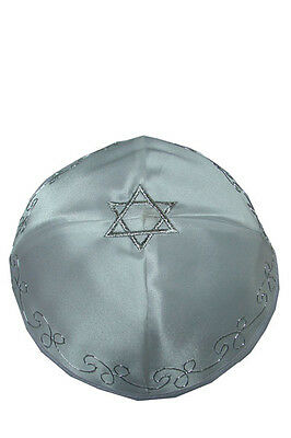 Jewish White Satin Kippah Kipa Yarmulke Silver Star Of David Ornate Designs