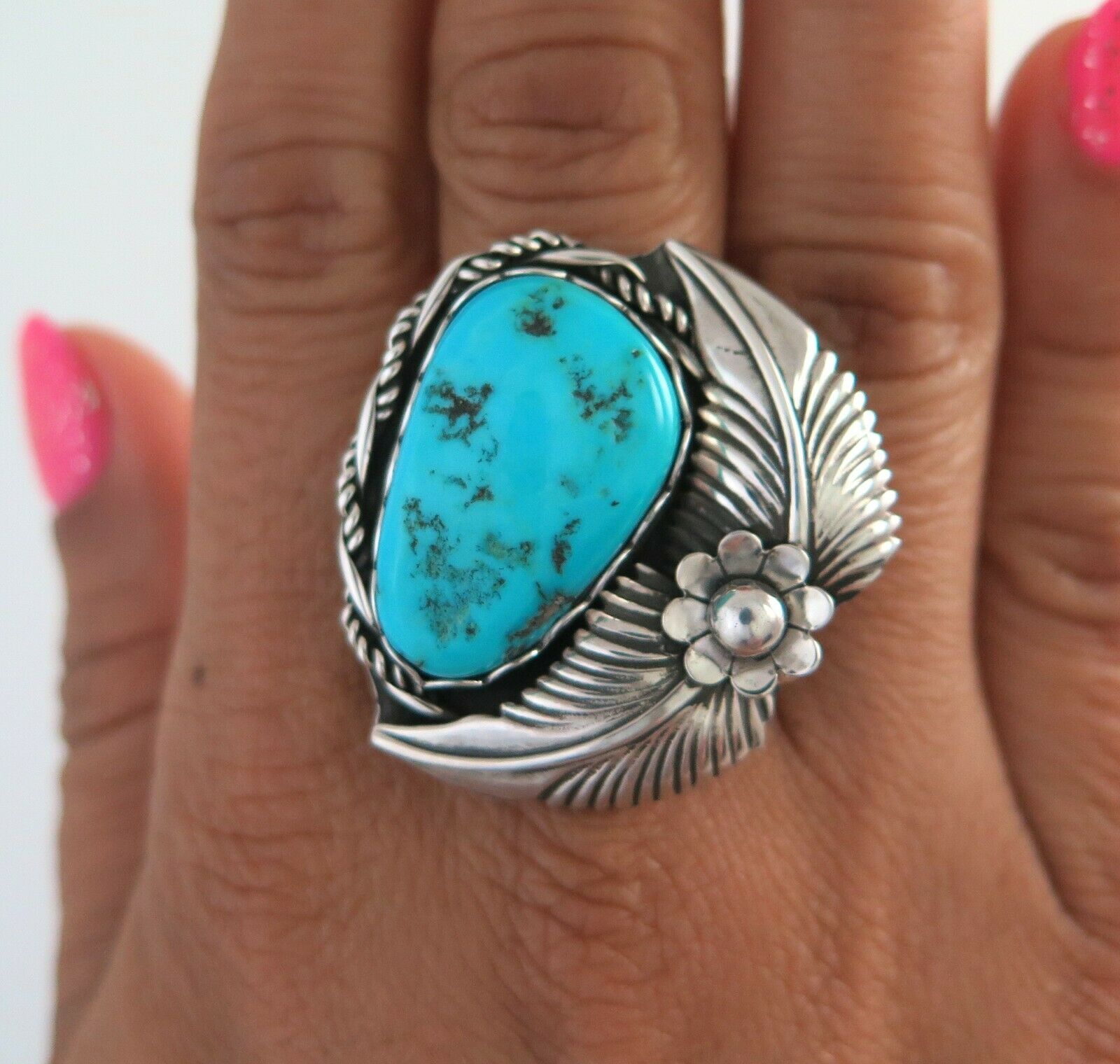 Xl Sterling Silver & Turquoise Adjustable Size Leaf Appliqué Handmade Ring