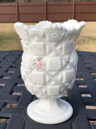 Westmoreland Old Quilt Hand Painted Flowers Milk Glass Vase