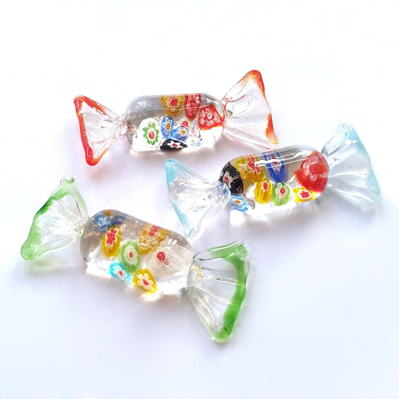 3 Pcs Art Glass Candy Colourful Red Green Lifelike Murano Style Ornaments Gift
