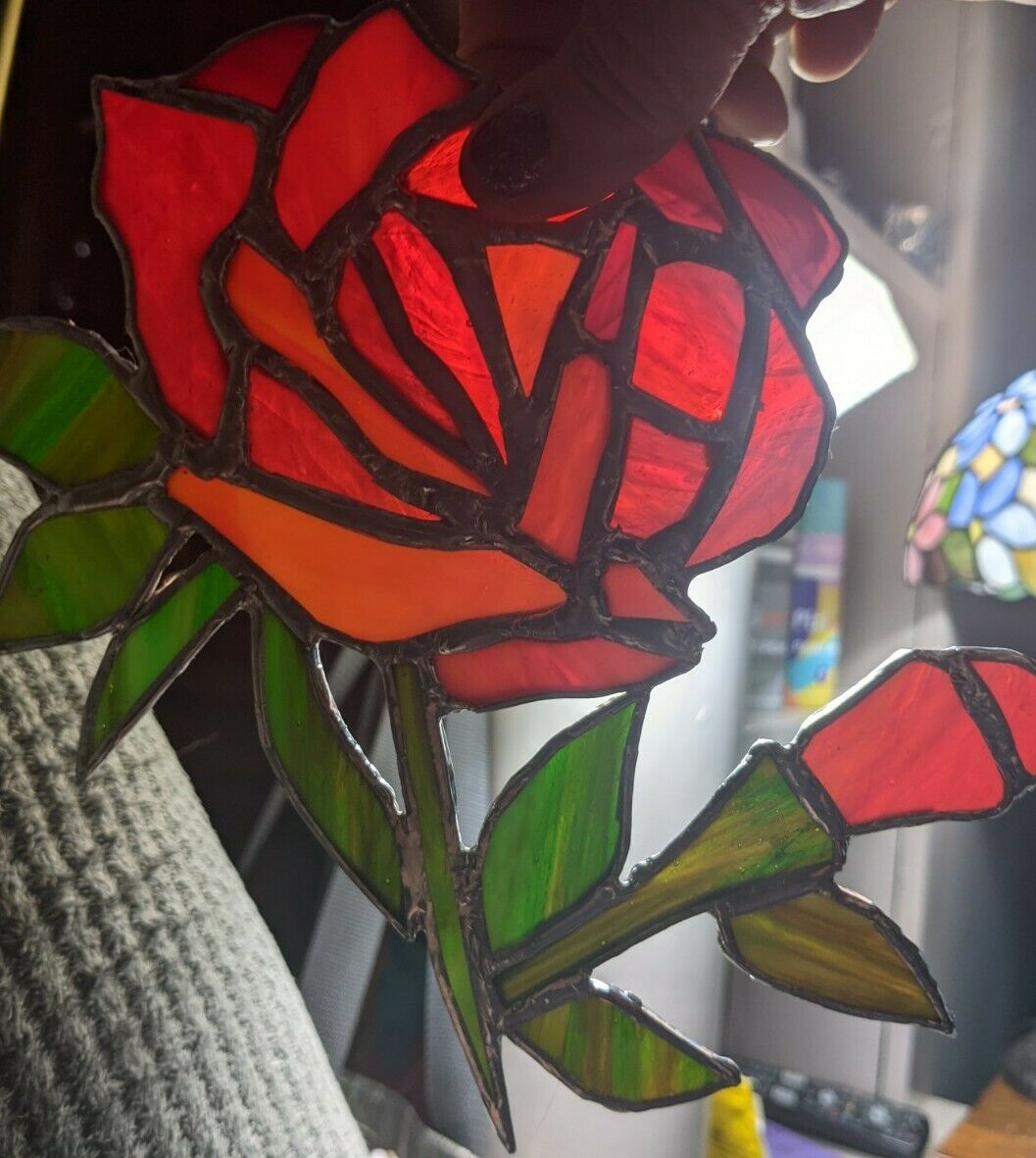 Handcrafted Stained Glass Suncatcher  Rose With Rosebud Swirl Red Glass