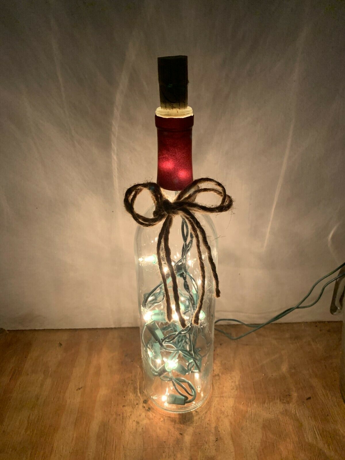 Country Decor Lighted Wine Bottle W/twine Bow Refined Farmhouse Character Cute!